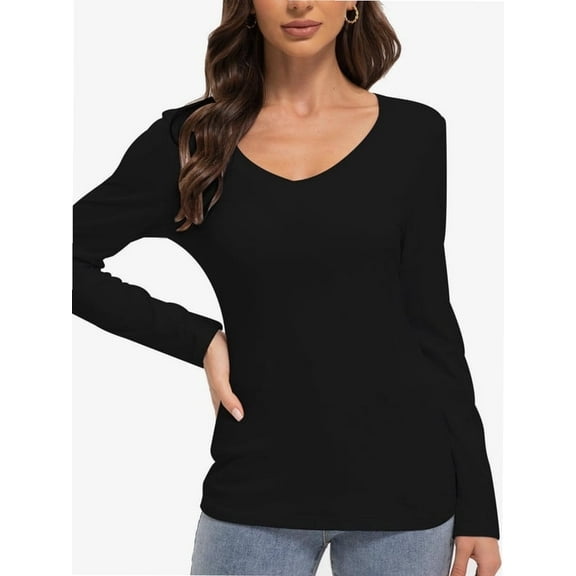 Women Shirts V Neck Long Sleeve Tops T-Shirt Basic Tees