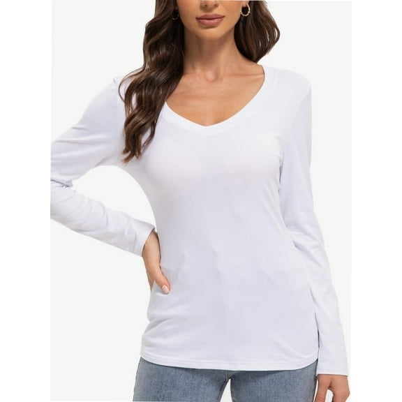 Women Shirts V Neck Long Sleeve Tops T-Shirt Basic Tees