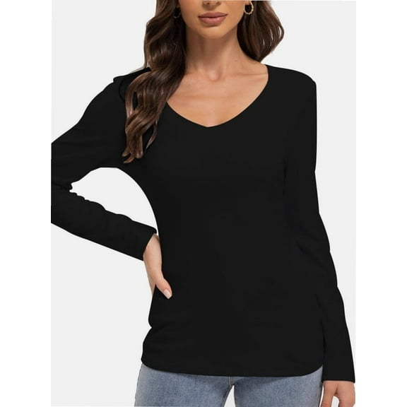 Women Shirts V Neck Long Sleeve Tops T-Shirt Basic Tees