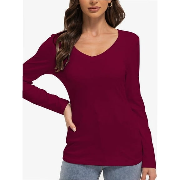 Women Shirts V Neck Long Sleeve Tops T-Shirt Basic Tees
