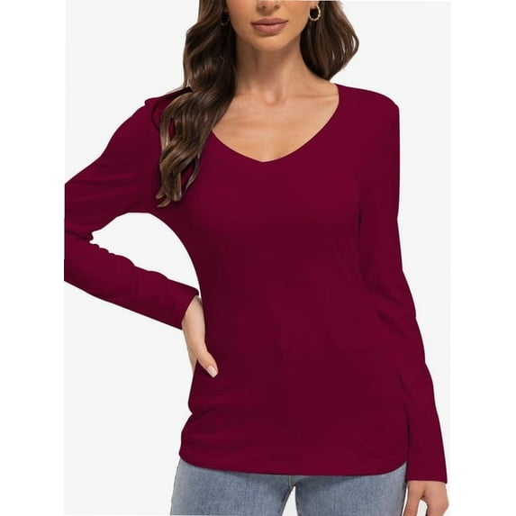 Women Shirts V Neck Long Sleeve Tops T-Shirt Basic Tees