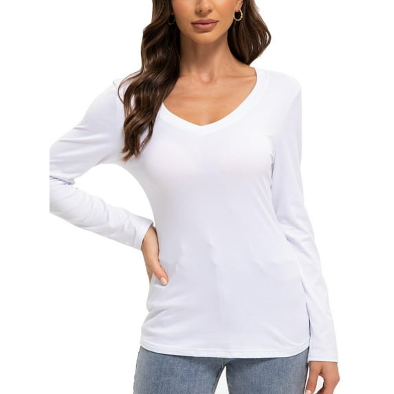 Women Shirts V Neck Long Sleeve Tops T-Shirt Basic Tees