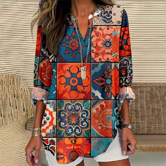 Women Shirts V Neck Shirt For Women Boho Multi Style Blouse Long Sleeve Novelty Graphic Plus Size Pullover Tops For Women,Orange Women Shirts XL