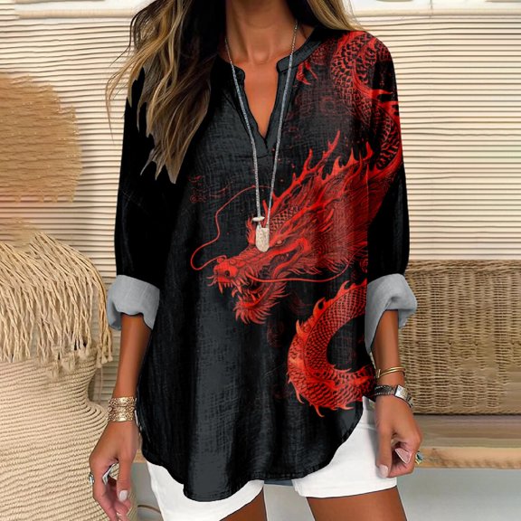 Women Shirts V Neck Shirt For Women Boho Multi Style Blouse Long Sleeve Novelty Graphic Plus Size Pullover Tops For Women,Red Women Shirts XXXL