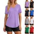 thumbnail image 1 of Women Shirts V Neck Short Sleeve Loose Fit Curved Hem Summer Casual Top Multiple Solid Colors Available, 1 of 6