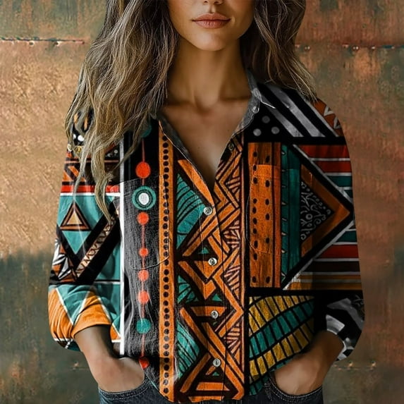 Women Shirts, Women Cotton Shirt Printed Fashion Button Down Shirts Casual Tops Long Sleeve Blouse,Women Shirts 3XL