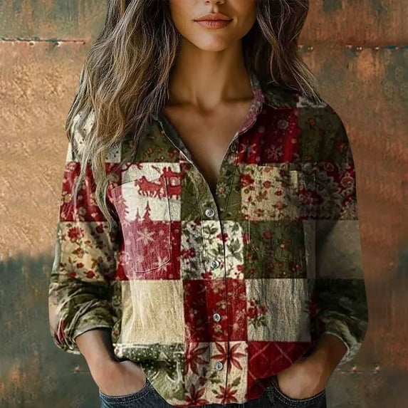 Women Shirts, Women Cotton Shirt Printed Fashion Button Down Shirts Casual Tops Long Sleeve Blouse,Women Shirts L