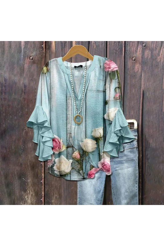 Women Shirts Women Floral Half Sleeve Shirt Summer Printing V Neck Daily Casual Top 3/4 Sleeved T Shirt Loose Large Size T Shirt, Women Shirts M