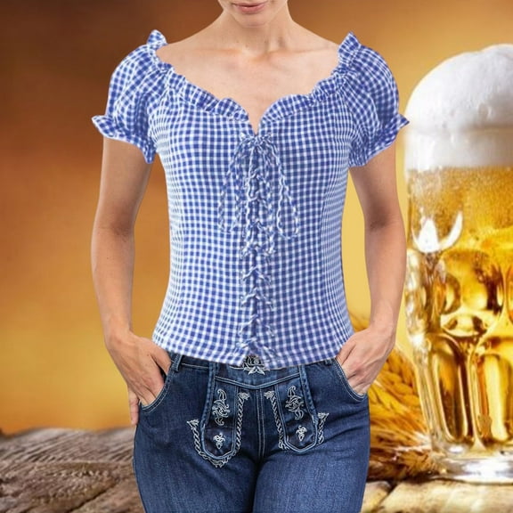 Women Shirts Women'S Oktoberfest Plaid Button Up Shirt With Waist Blue S