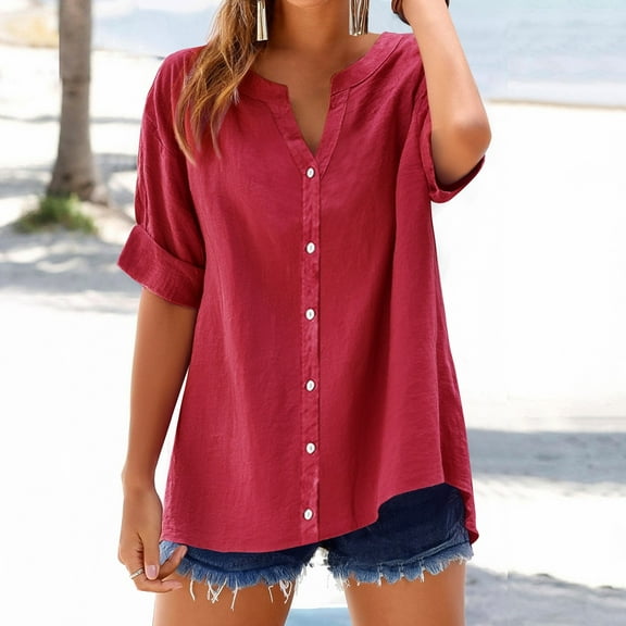 Women Shirts Women'S Sequin Detail Linen Shirt - Party Ready Button Down Top,Red Women Shirts XL