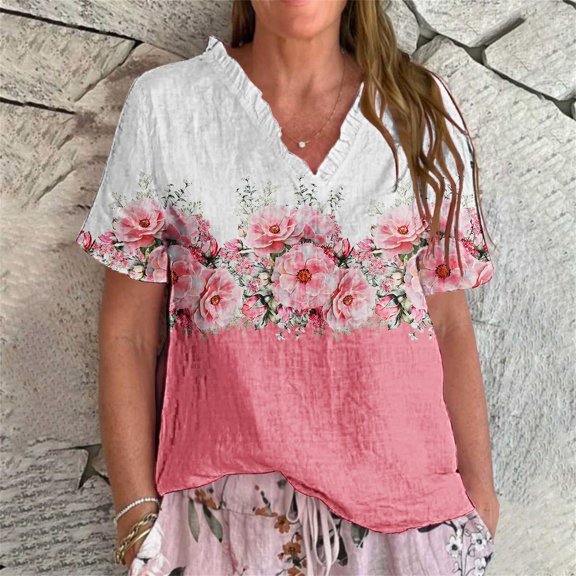 Women Shirts Women'S Vintage Floral Pattern Art Print Casual Ruffled V Neck Shirt – Polyester Cotton Linen Feel Lightweight & Quick Dry Summer Top For Outdoor And Everyday Wear,Pink Women Shirts XL