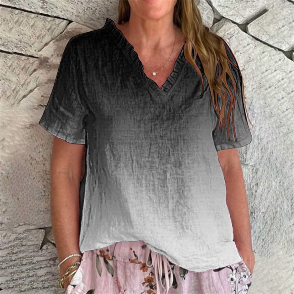 Women Shirts Women'S Vintage Floral Pattern Art Print Casual Ruffled V Neck Shirt – Polyester Cotton Linen Feel Lightweight & Quick Dry Summer Top For Outdoor And Everyday Wear,Black Women Shirts S