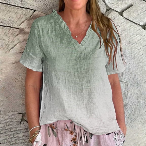 Women Shirts Women'S Vintage Floral Pattern Art Print Casual Ruffled V Neck Shirt – Polyester Cotton Linen Feel Lightweight & Quick Dry Summer Top For Outdoor And Everyday Wear,Gray Women Shirts S