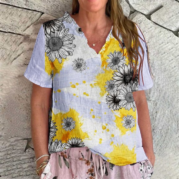 Women Shirts Women'S Vintage Floral Pattern Art Print Casual Ruffled V Neck Shirt – Polyester Cotton Linen Feel Lightweight & Quick Dry Summer Top For Outdoor And Everyday Wear,Beige Women Shirts L