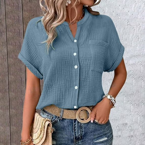 Women Shirts Womens Blouses Casual Tops Batwing Sleeve Pocket Patched Shirt Casual Work T Shirts Double Layer Wrinkled Fabric,Blue Women Shirts XXXL