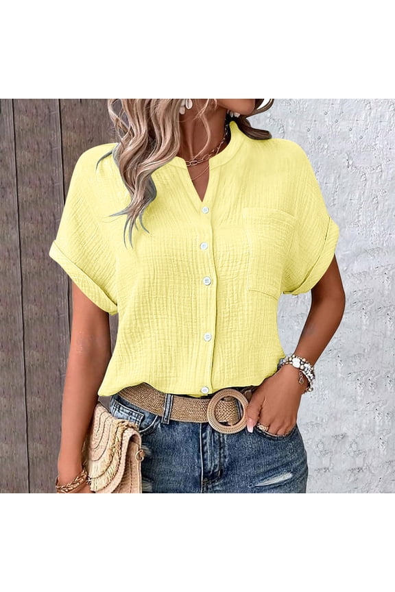 Women Shirts Womens Blouses Casual Tops Batwing Sleeve Pocket Patched Shirt Casual Work T Shirts Double Layer Wrinkled Fabric,Yellow Women Shirts XL