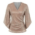 thumbnail image 1 of Women Shirts Womens Sequin Tops 3/4 Sleeve Glitter Sparkly Party Blouse V Neck Dressy Tops For Evening Party,Beige Women Shirts S, 1 of 2