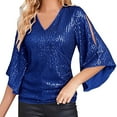 thumbnail image 1 of Women Shirts Womens Sequin Tops 3/4 Sleeve Glitter Sparkly Party Blouse V Neck Dressy Tops For Evening Party,Blue Women Shirts XXL, 1 of 4