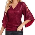 thumbnail image 1 of Women Shirts Womens Sequin Tops 3/4 Sleeve Glitter Sparkly Party Blouse V Neck Dressy Tops For Evening Party,Red Women Shirts XXL, 1 of 5