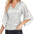 thumbnail image 1 of Women Shirts Womens Sequin Tops 3/4 Sleeve Glitter Sparkly Party Blouse V Neck Dressy Tops For Evening Party,Silver Women Shirts S, 1 of 4