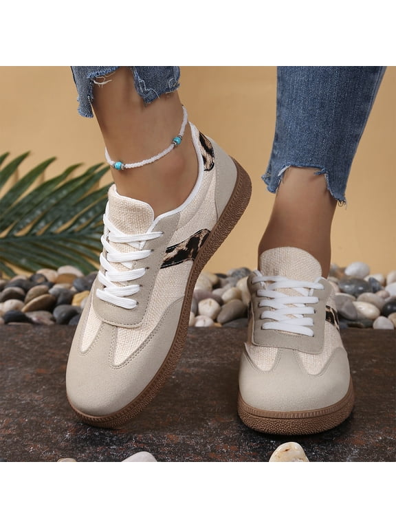 Women Shoes Casual Flat Heels Tennis Shoes Retro Lace Up Sneakers Round Toe Anti Slip Low Tops Sneakers for Women (Khaki 9)