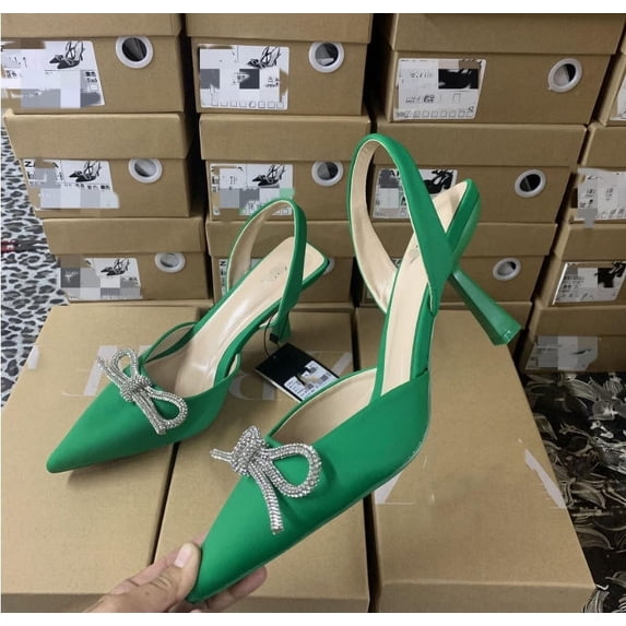 Women Shoes Closed Toe Slingback Rhinestone Shoes Bow Knot Dress Pump Heels for Ladies