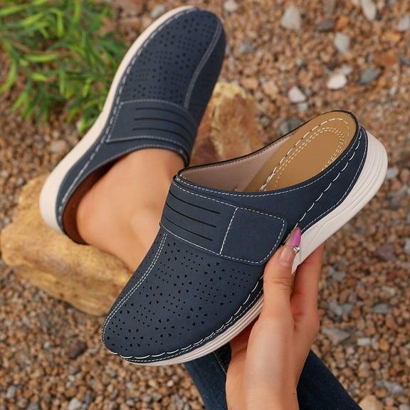 Women Shoes: Comfortable Arch Support Closed Toe Sandals Backless Low Wedge Slip on Shoes Women's Fashion Casual Breathable Hollowed-Out Slippers Blue Women Sandal
