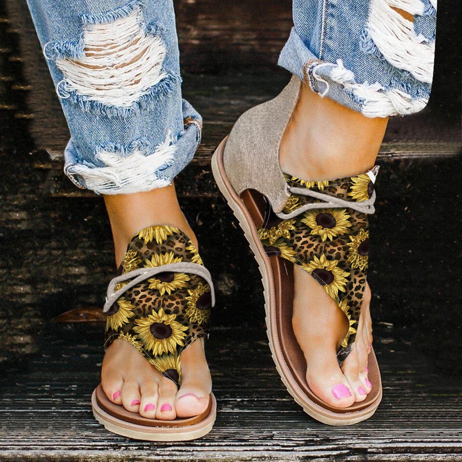 Women Shoes Fashion Canvas Leopard Sunflower Print Flat Zipper Casual Sandals Yellow 9 Walmart