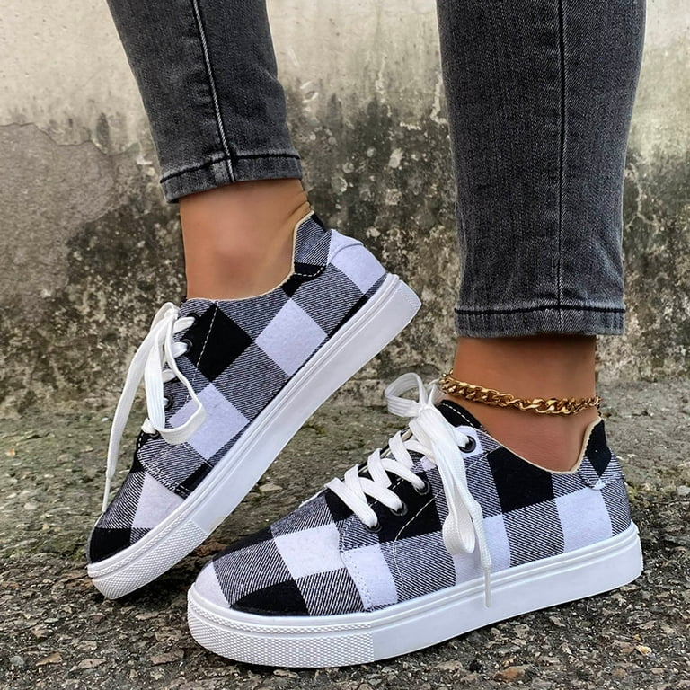 Women Shoes Fashion Colorblock Plaid Lace Up Flat Comfort Casual Canvas Shoes Black 8 Walmart