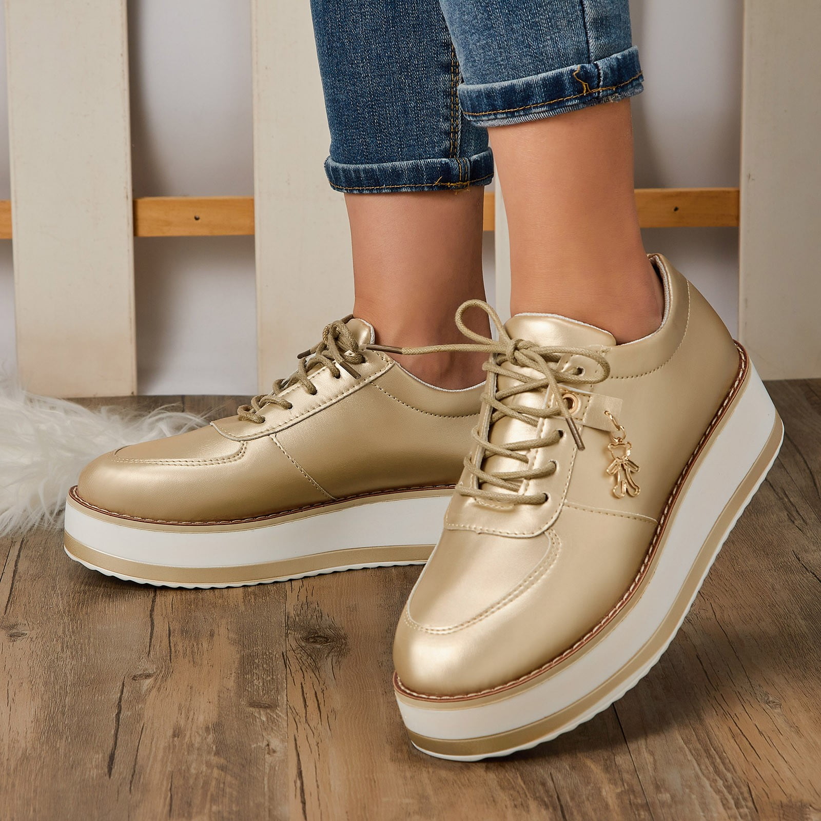 Women Shoes Fashion Solid Color Leather Round Toe Lace Up Platform