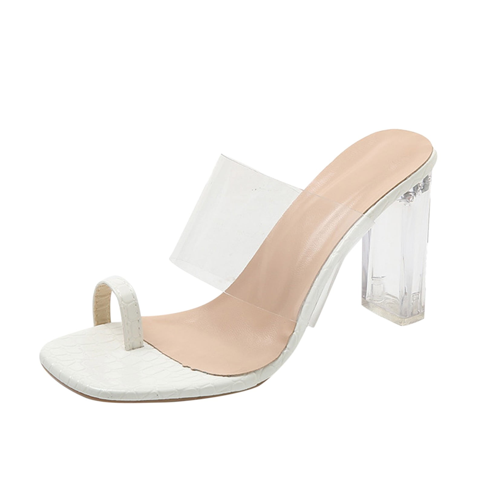 White Transparent Round Heel Sandals Toe Ring Strappy Slide Sandals |  Up2Step