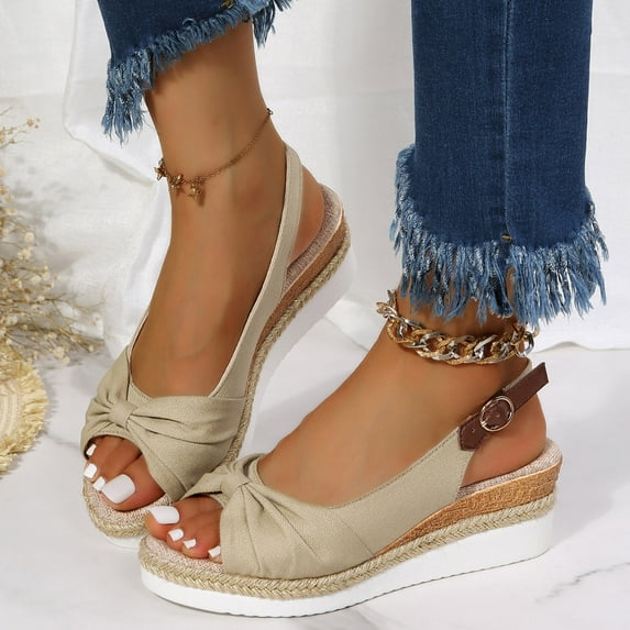 Women Shoes Fashion Summer Solid Color Fabric Casual Straw Bottom Wedge Buckle Sandals Beige 6.5