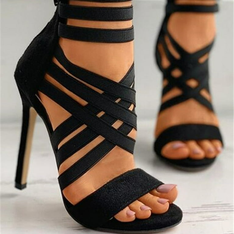 Women Shoes Fashion Summer Women High Heels Breathable Zipper Casual Peep  Toe Sandals Black 9