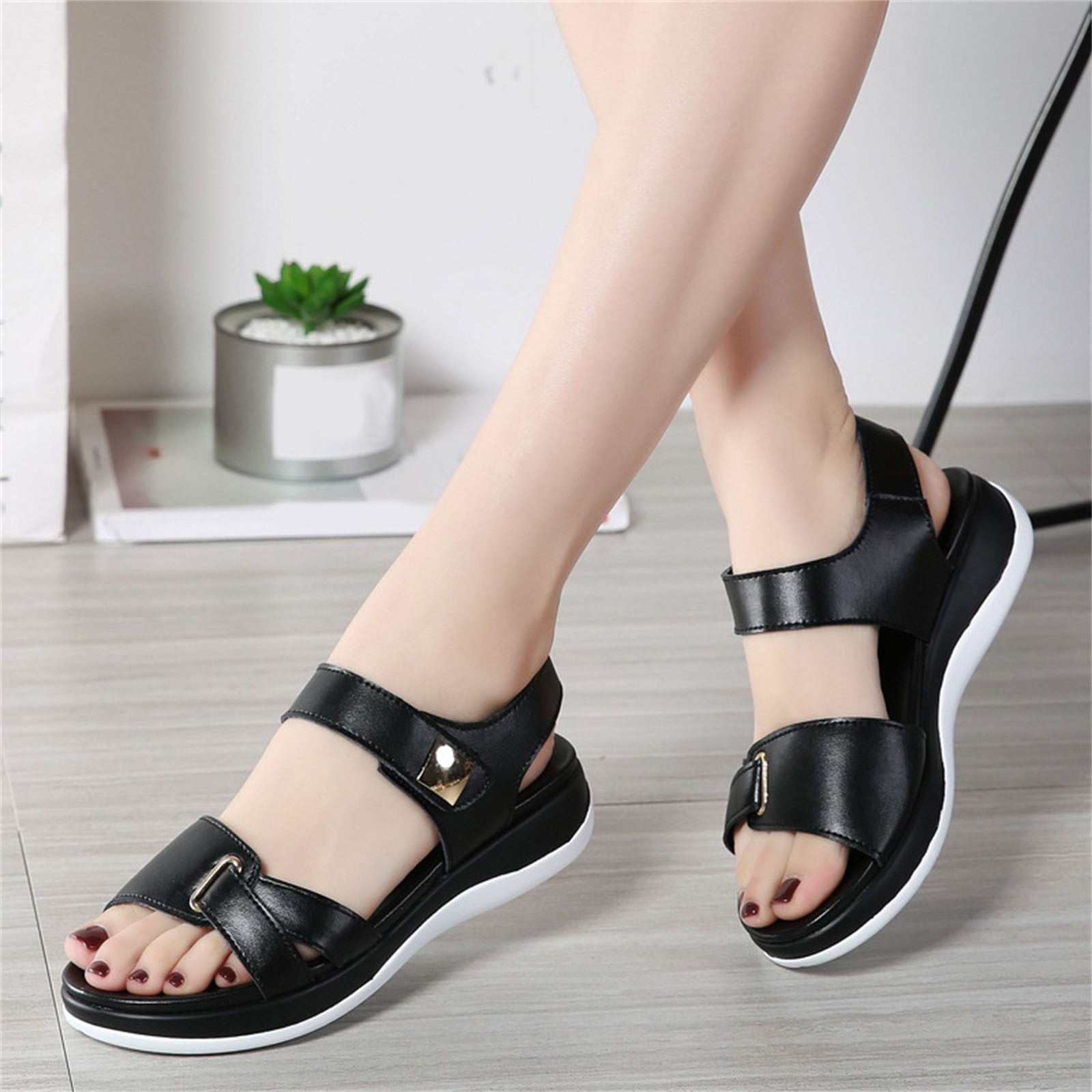 Women Shoes Fashion Summer Women Sandals Flat Thick Bottom Open Toe Hook Loop Solid Color Casual Black 8.5