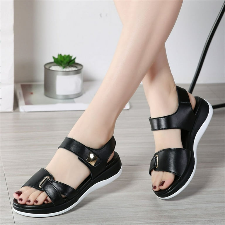 Women Shoes Fashion Summer Women Sandals Flat Thick Bottom Open Toe Hook  Loop Solid Color Casual Black 8.5 