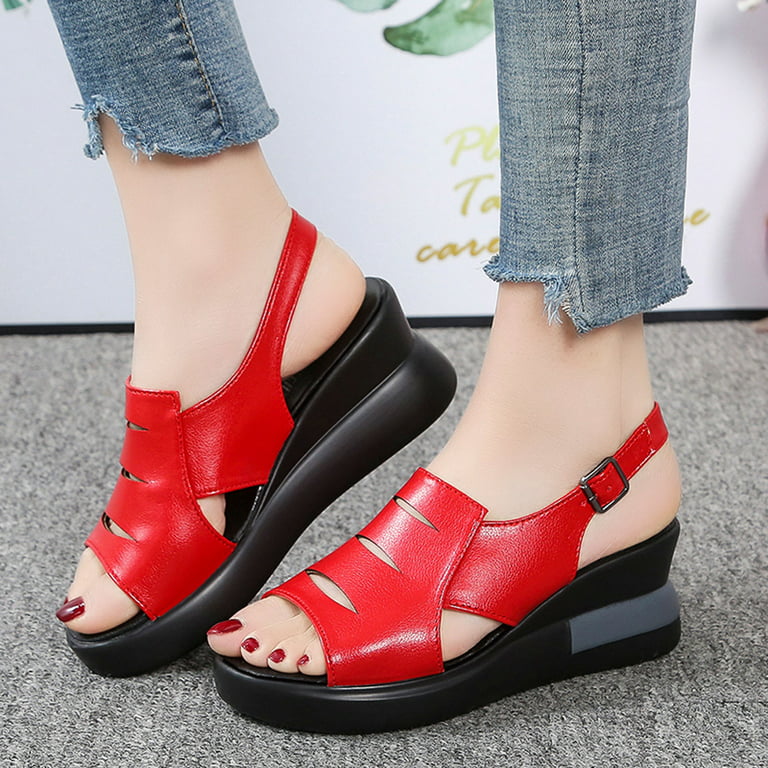 Women Shoes Fashion Women's Summer Artificial Leather Non Slip Buckle Strap  Wedges Beach Open Toe Breathable Sandals Shoes Red 7.5 