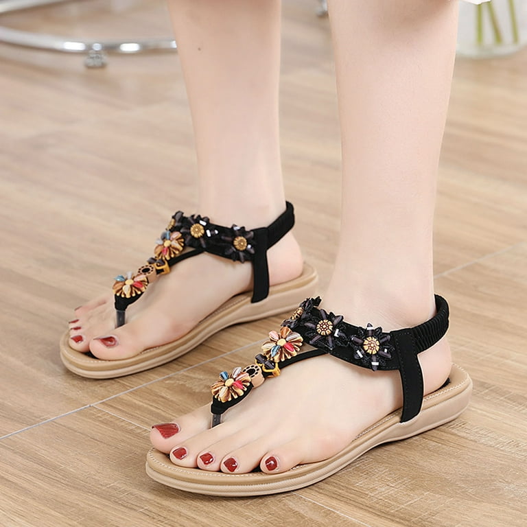 Women Shoes Flats Shoes Women Sandals Comfort With Elastic Ankle Strap  Casual Bohemian Beach Shoes Slip On Rhinestone Sandals Women Flats Open Toe