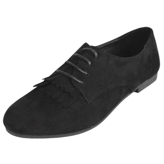 Women Shoes Lace Up Flats Almond Toe Tassel Boyfriend Oxford Style MASIE-51 Suede Black 9