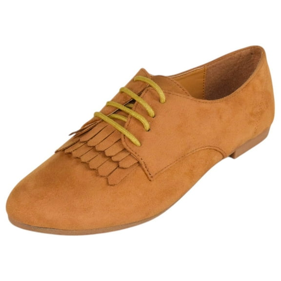 Women Shoes Lace Up Flats Almond Toe Tassel Boyfriend Oxford Style MASIE-51 Suede Light Brown Tan 7.5