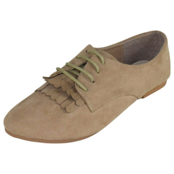 Women Shoes Lace Up Flats Almond Toe Tassel Boyfriend Oxford Style MASIE-51 Suede Taupe Beige Khaki 6.5