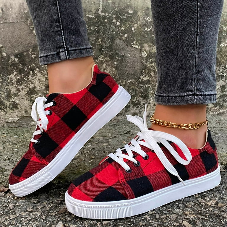 Women Shoes Ladies Fashion Colorblock Plaid Lace Up Flat Comfort