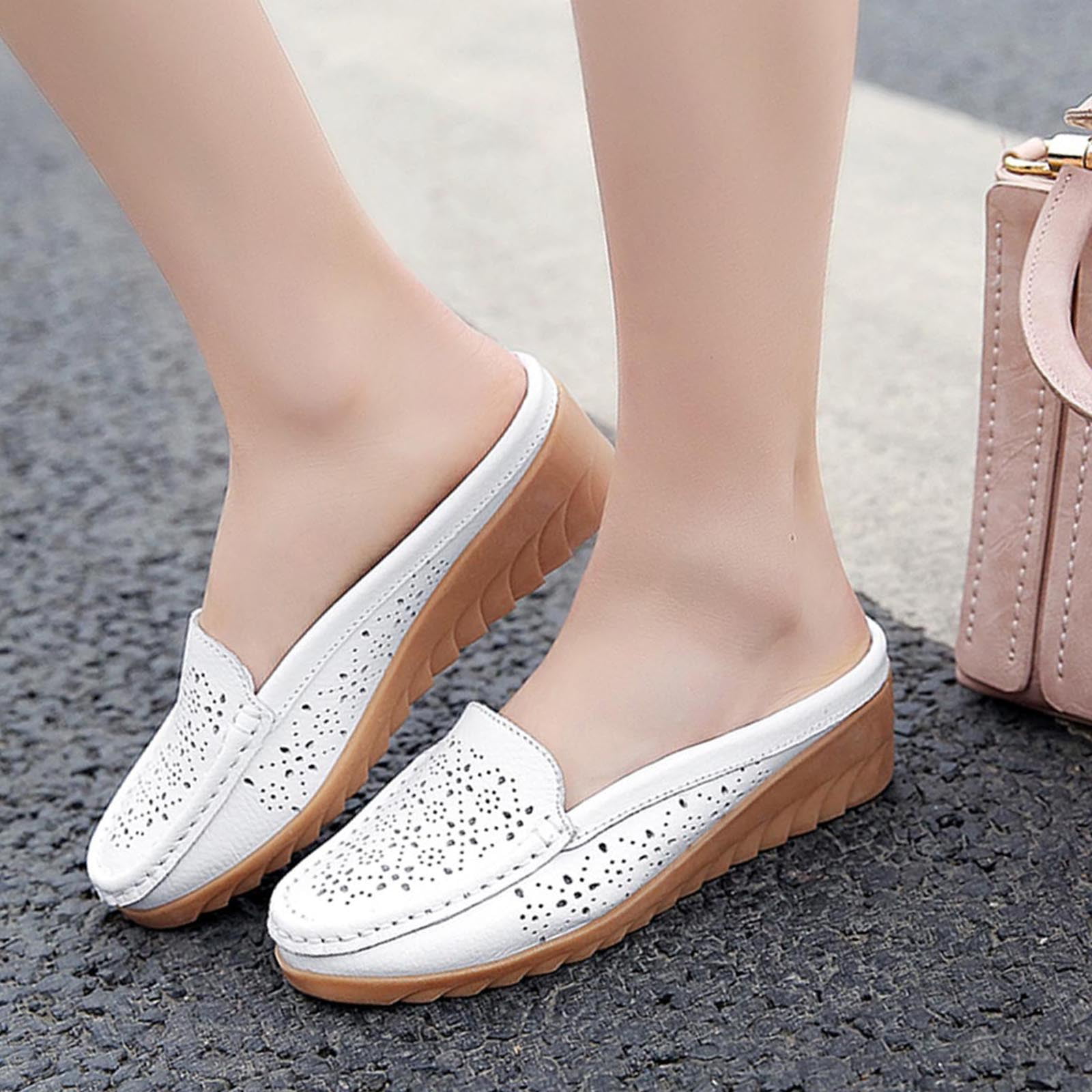 Women Shoes Ladies Shoes Casual Flats Shoes Leather Surface Hollow  Breathable Heelless Casual Shoes White 7