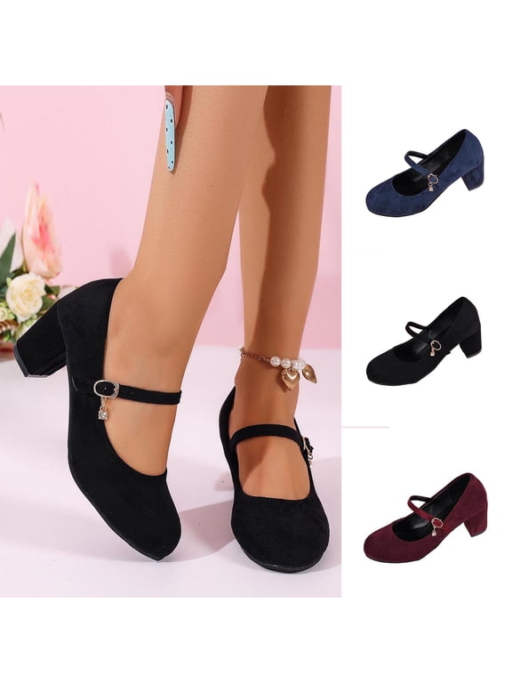 Women Shoes Mary Jane Shoes Women Round Toe Block Mid Heel Womens Heels Elegant Casual Dress Shoes for Women Lightweight Comfort Walking Office Party Faux Suede Ankle Strap Rhinestone Buckle Charm