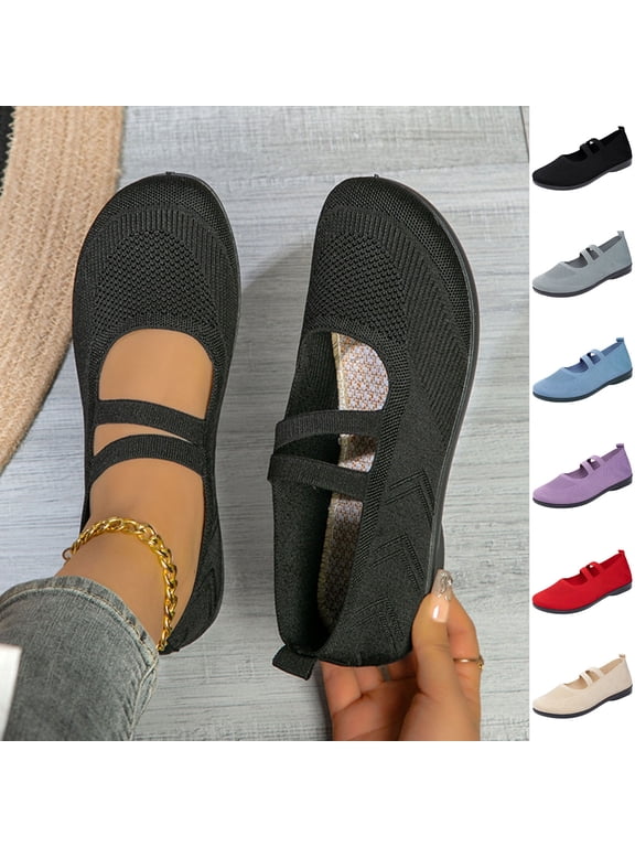 Women Shoes Mary Jane Shoes Women Slip On Ballet Flats for Women Round Closed Toe Fly Knit Mesh Flat Shoes Double Straps Breathable Light Comfort Walking Loafers Wide Width Large Sizes Women Shoes