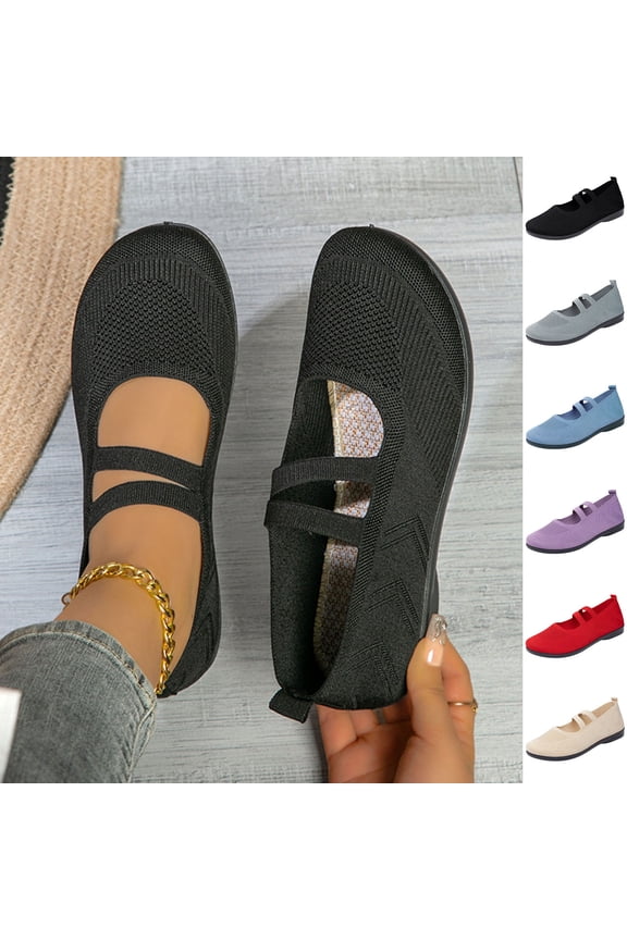 Women Shoes Mary Jane Shoes Women Slip On Ballet Flats for Women Round Closed Toe Fly Knit Mesh Flat Shoes Double Straps Breathable Light Comfort Walking Loafers Wide Width Large Sizes Women Shoes