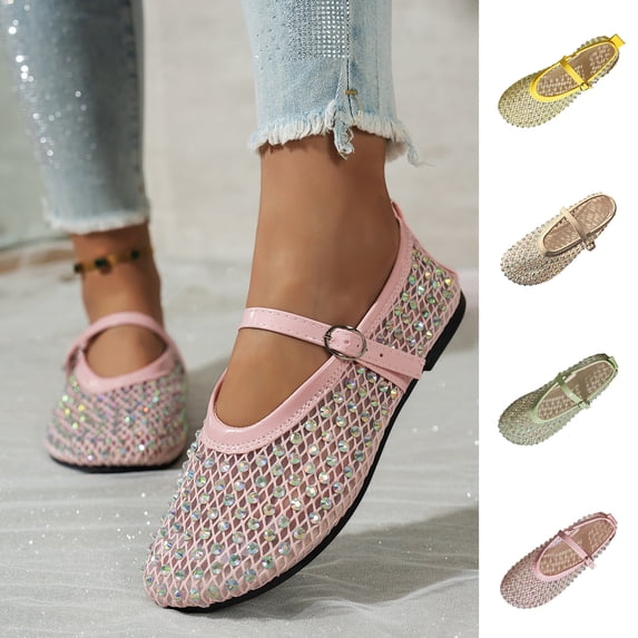 Women Shoes Mary Jane Shoes Women Slip On Ballet Flats for Women Round Closed Toe Hollow Mesh Rhinestone Flat Shoes Adjustable Strap Breathable Comfort Walking Loafers Wide Width Large Sizes Women