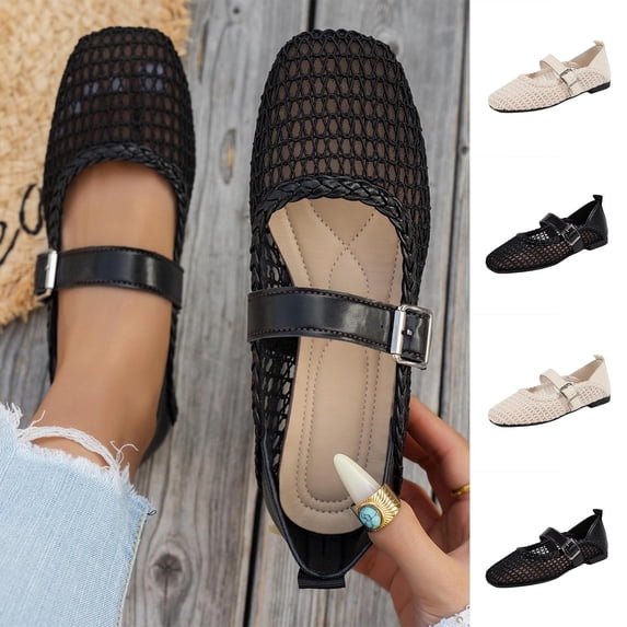 Women Shoes Mary Jane Shoes Women Slip On Ballet Flats for Women Wide Width Breathable Mesh Hollow Out Solid Color Adjustable Strap Flat Shoes Women Shoes Casual Dress Black Flats Daily Walking