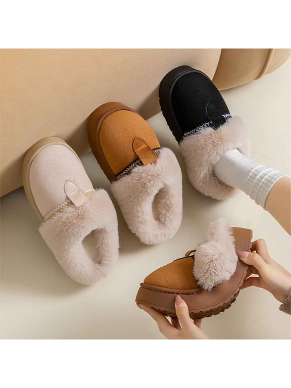 Women Shoes Platform Fuzzy Mule Slippers for Women Winter Warm Faux Fur Lined Slip On House Shoes for Women Comfort Wide Feet Non Slip Thick Sole Vintage Stitch Embroidery Indoor Outdoor Casual Wint