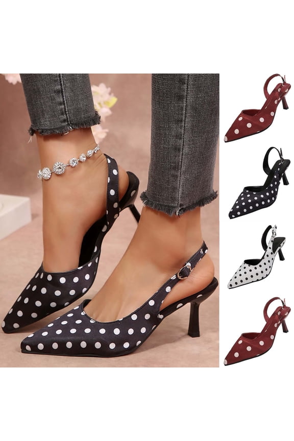 Women Shoes Slingback Heeled Sandals for Women Wide Width Classic Polka Dot Satin Pointed Closed Toe Thin Stiletto High Heel Adjustable Buckle Dress Pumps Women Shoes Casual Dress Black Heels Summer