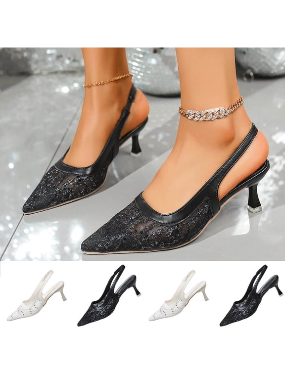 Women Shoes Slingback Pumps for Women Wide Width Breathable Mesh Glitter Sequin Pointed Closed Toe Thin Stiletto High Heel Slip On Dress Shoes Women Shoes Casual Dress Black Heels Wedding Party